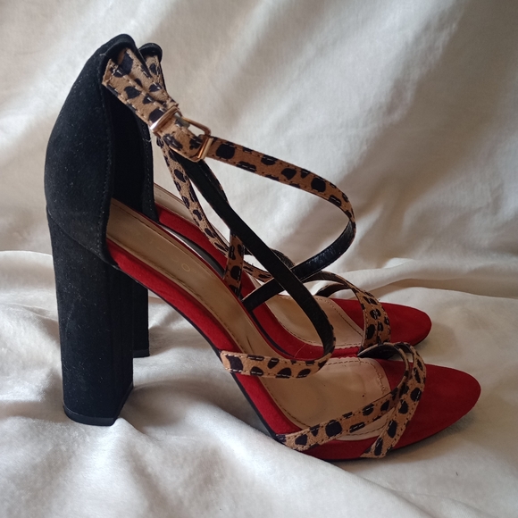 Bamboo- Red/Cheetah Print Strappy Heels - Picture 1 of 6